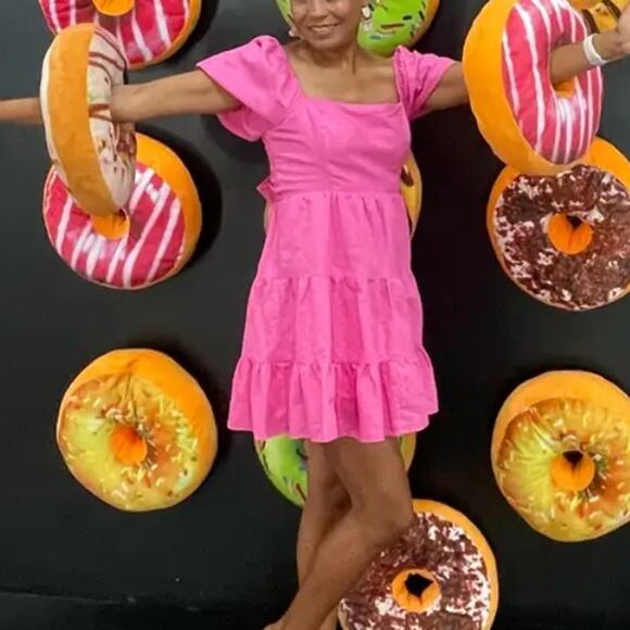 Louna Pink Peasant Babydoll Mini Dress XL Fit n Flare Linen Puff Sleeve $150 - Picture 7 of 13